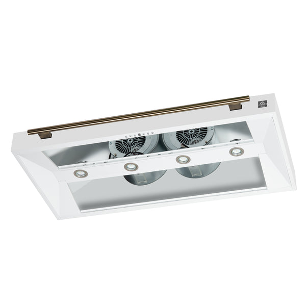 FORNO Aria 48" 1200 CFM Convertible Wall Mount Range Hood with White Hood and Antique Brass Accents, FRHWM5095-48WHT