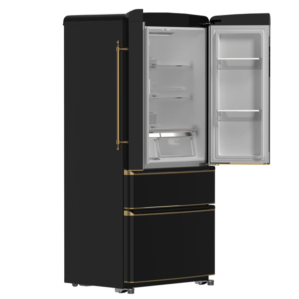 Forno Luigi 18 cu.ft. French Door Refrigerator Black, Antique Brass Handles, FFFFD1791-33BLK
