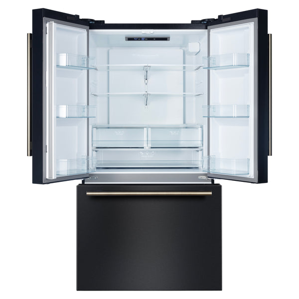 FORNO Rivello 36" French Door Standard Depth Refrigerator with Water and Ice Dispenser in Black with Antique Brass Accents- FFFFD1783-36BLK