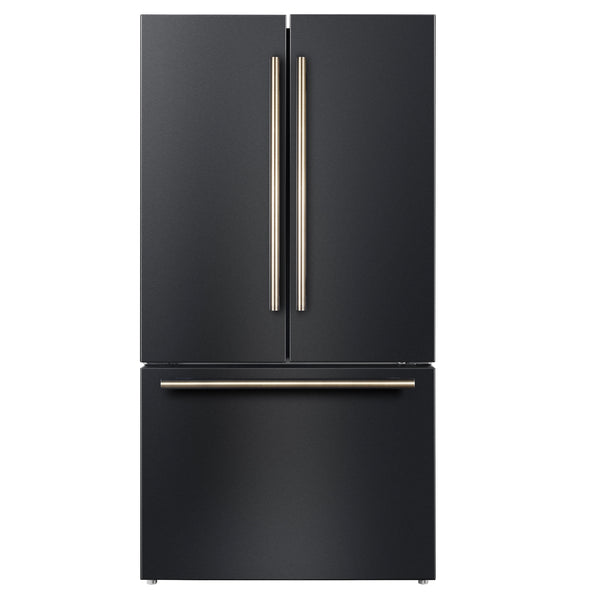 FORNO Rivello 36" French Door Standard Depth Refrigerator with Water and Ice Dispenser in Black with Antique Brass Accents- FFFFD1783-36BLK