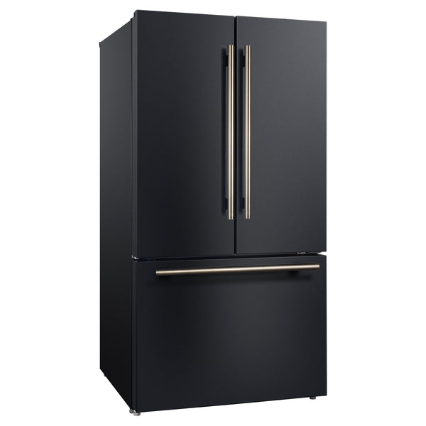 FORNO Rivello 36" French Door Standard Depth Refrigerator with Water and Ice Dispenser in Black with Antique Brass Accents- FFFFD1783-36BLK