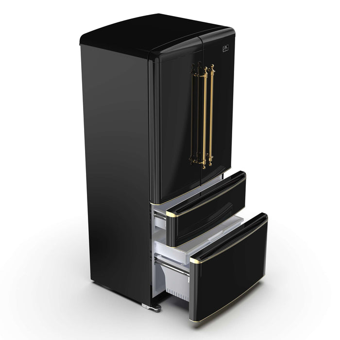 Forno Luigi 18 cu.ft. French Door Refrigerator Black, Antique Brass Handles, FFFFD1791-33BLK
