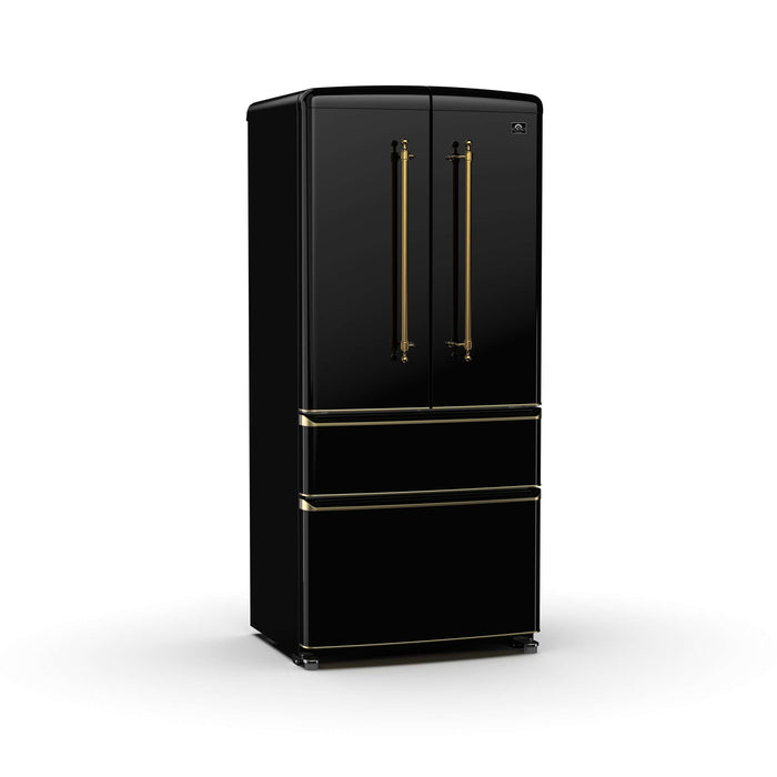 Forno Luigi 18 cu.ft. French Door Refrigerator Black, Antique Brass Handles, FFFFD1791-33BLK