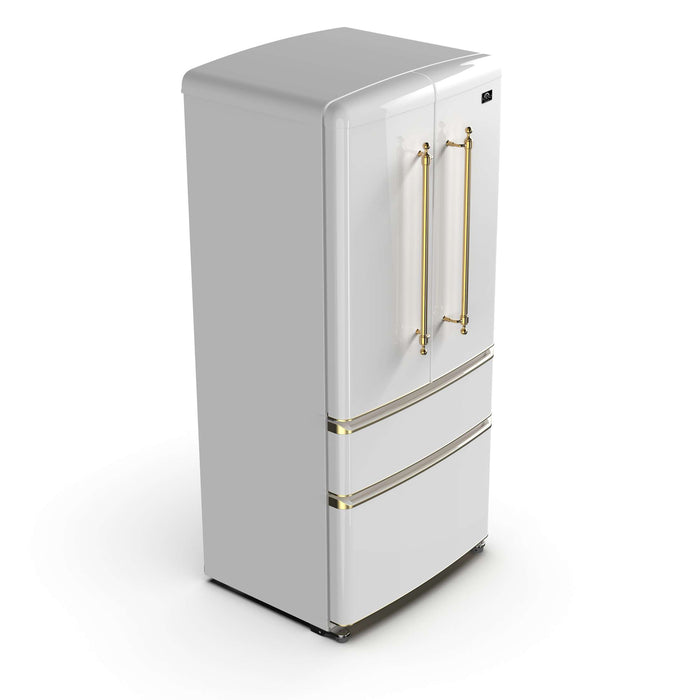 Forno Luigi 18 cu.ft. French Door Refrigerator White, Antique Brass Handles, FFFFD1791-33WHT