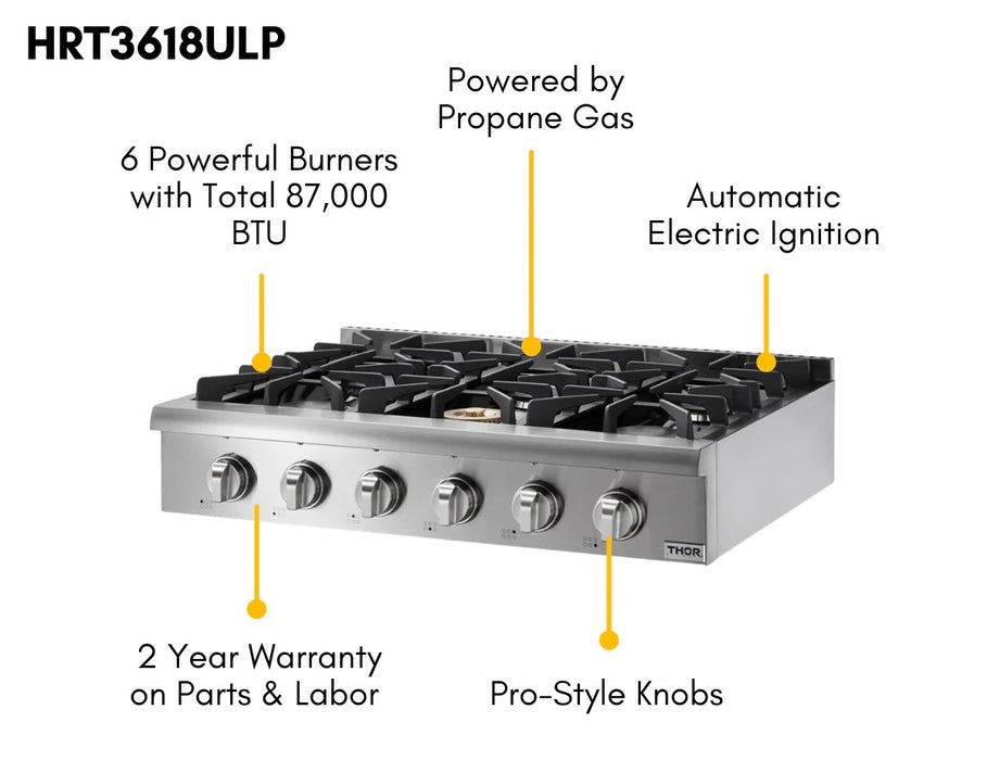 THOR Kitchen 36 in. 6 Burner Professional Propane Gas Rangetop in Stainless Steel- HRT3618ULP