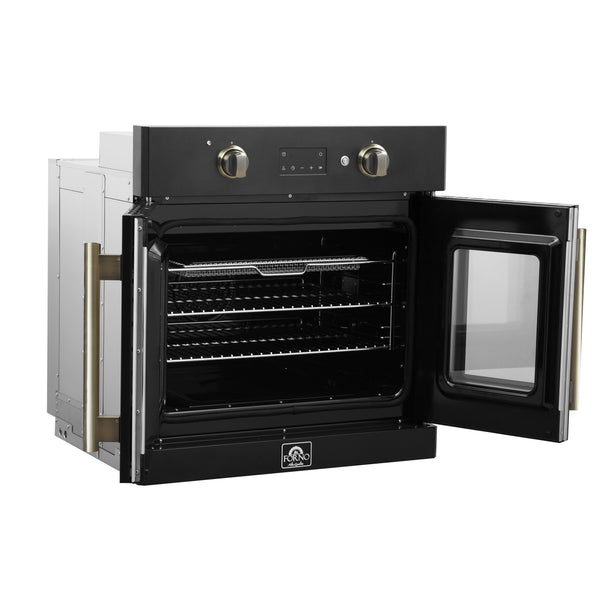 FORNO Asti 30" 3.58 cu. ft. French Door Electric Wall Oven with Air Fry, Self-Clean and Sous Vide in Black with Antique Brass Accents- FBOEL1333-30BLK