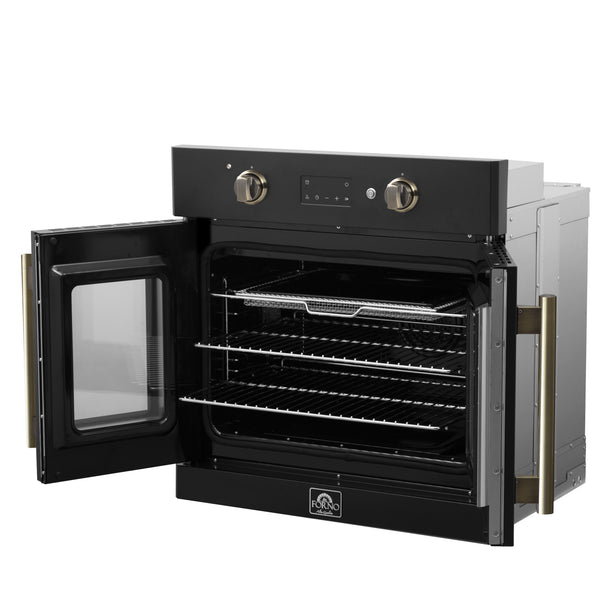 FORNO Asti 30" 3.58 cu. ft. French Door Electric Wall Oven with Air Fry, Self-Clean and Sous Vide in Black with Antique Brass Accents- FBOEL1333-30BLK