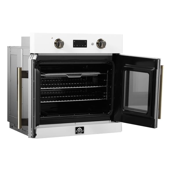 FORNO Asti 30" 3.58 cu. ft. French Door Electric Wall Oven with Air Fry, Self-Clean and Sous Vide in White with Antique Brass Accents- FBOEL1333-30WHT