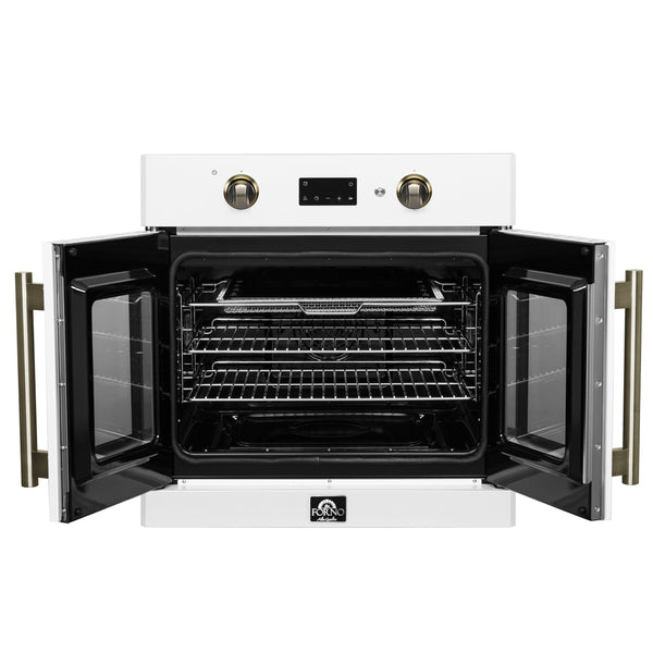 FORNO Asti 30" 3.58 cu. ft. French Door Electric Wall Oven with Air Fry, Self-Clean and Sous Vide in White with Antique Brass Accents- FBOEL1333-30WHT