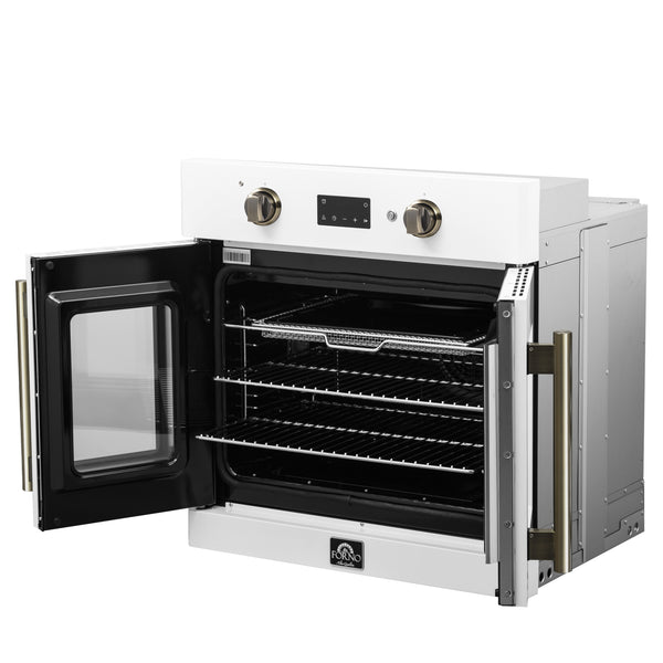 FORNO Asti 30" 3.58 cu. ft. French Door Electric Wall Oven with Air Fry, Self-Clean and Sous Vide in White with Antique Brass Accents- FBOEL1333-30WHT
