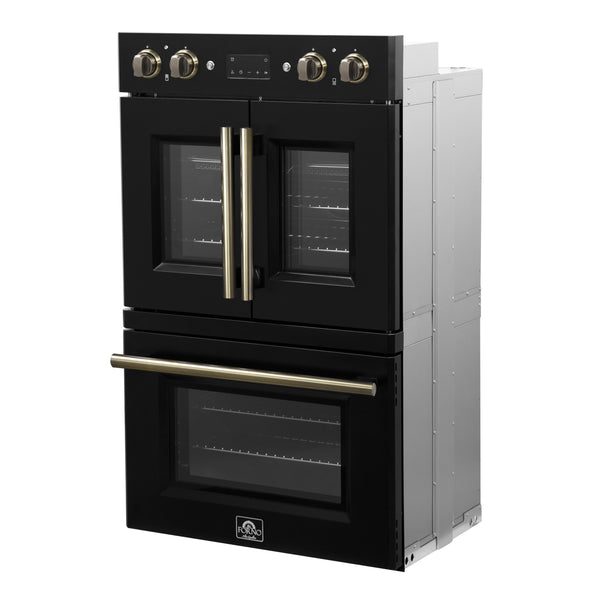 FORNO Asti 30" 7.36 cu. ft. French Door Double Electric Wall Oven with Air Fry, Self-Clean and Sous Vide in Black with Antique Brass Accents- FBOEL1340-30BLK