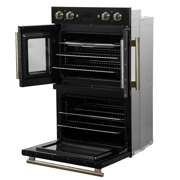 FORNO Asti 30" 7.36 cu. ft. French Door Double Electric Wall Oven with Air Fry, Self-Clean and Sous Vide in Black with Antique Brass Accents- FBOEL1340-30BLK