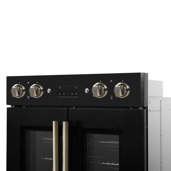 FORNO Asti 30" 7.36 cu. ft. French Door Double Electric Wall Oven with Air Fry, Self-Clean and Sous Vide in Black with Antique Brass Accents- FBOEL1340-30BLK