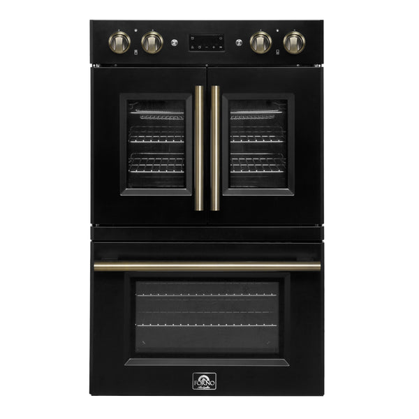 FORNO Asti 30" 7.36 cu. ft. French Door Double Electric Wall Oven with Air Fry, Self-Clean and Sous Vide in Black with Antique Brass Accents- FBOEL1340-30BLK