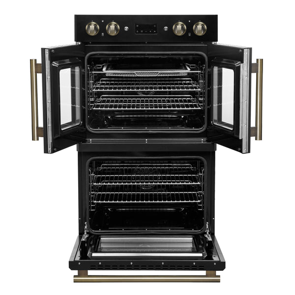 FORNO Asti 30" 7.36 cu. ft. French Door Double Electric Wall Oven with Air Fry, Self-Clean and Sous Vide in Black with Antique Brass Accents- FBOEL1340-30BLK