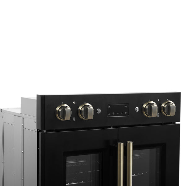 FORNO Asti 30" 7.36 cu. ft. French Door Double Electric Wall Oven with Air Fry, Self-Clean and Sous Vide in Black with Antique Brass Accents- FBOEL1340-30BLK
