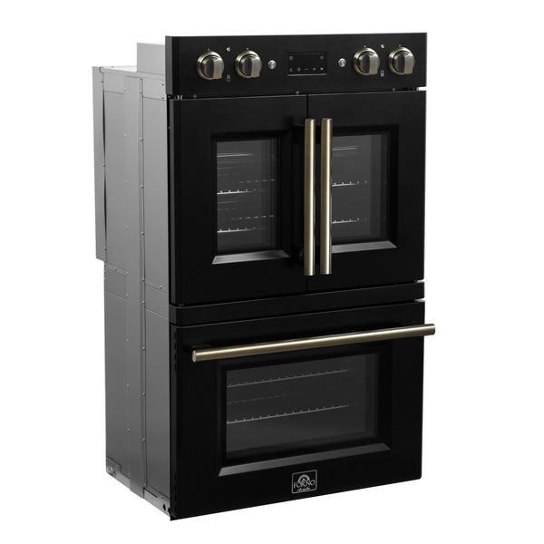 FORNO Asti 30" 7.36 cu. ft. French Door Double Electric Wall Oven with Air Fry, Self-Clean and Sous Vide in Black with Antique Brass Accents- FBOEL1340-30BLK