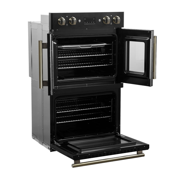 FORNO Asti 30" 7.36 cu. ft. French Door Double Electric Wall Oven with Air Fry, Self-Clean and Sous Vide in Black with Antique Brass Accents- FBOEL1340-30BLK