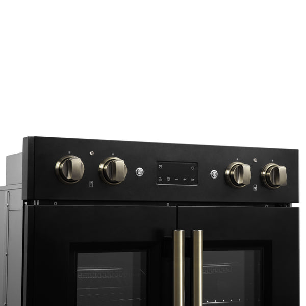 FORNO Asti 30" 7.36 cu. ft. French Door Double Electric Wall Oven with Air Fry, Self-Clean and Sous Vide in Black with Antique Brass Accents- FBOEL1340-30BLK