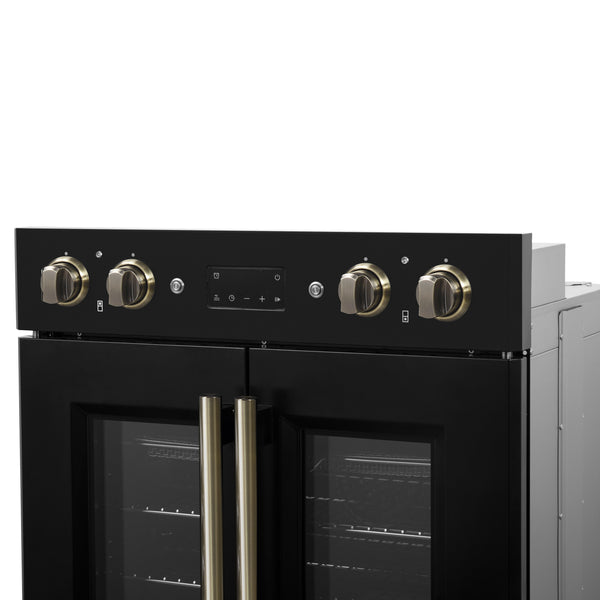 FORNO Asti 30" 7.36 cu. ft. French Door Double Electric Wall Oven with Air Fry, Self-Clean and Sous Vide in Black with Antique Brass Accents- FBOEL1340-30BLK