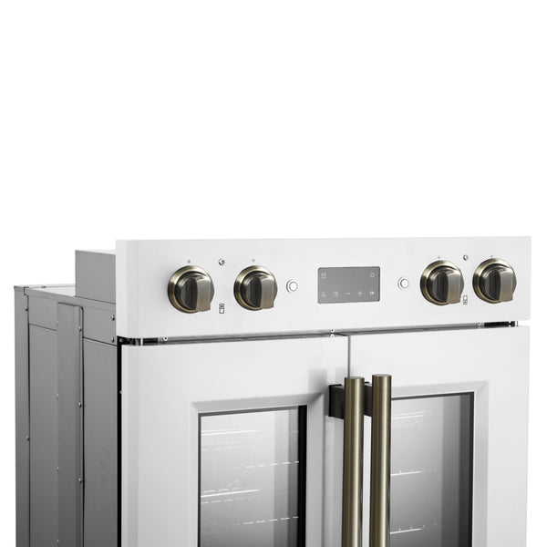 FORNO Asti 30" 7.36 cu. ft. French Door Double Electric Wall Oven with Air Fry, Self-Clean and Sous Vide in White with Antique Brass Accents- FBOEL1340-30WHT