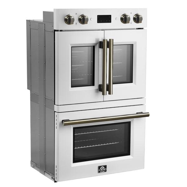 FORNO Asti 30" 7.36 cu. ft. French Door Double Electric Wall Oven with Air Fry, Self-Clean and Sous Vide in White with Antique Brass Accents- FBOEL1340-30WHT