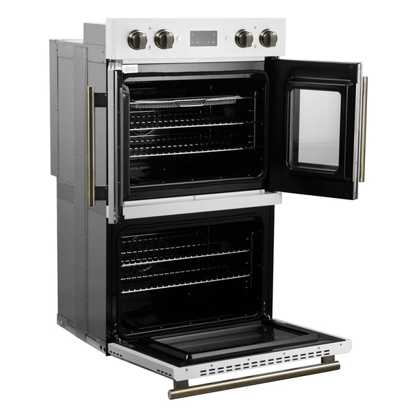 FORNO Asti 30" 7.36 cu. ft. French Door Double Electric Wall Oven with Air Fry, Self-Clean and Sous Vide in White with Antique Brass Accents- FBOEL1340-30WHT