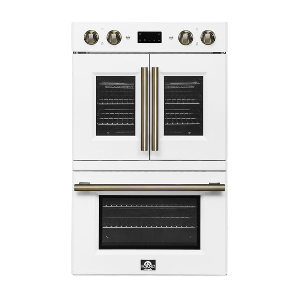 FORNO Asti 30" 7.36 cu. ft. French Door Double Electric Wall Oven with Air Fry, Self-Clean and Sous Vide in White with Antique Brass Accents- FBOEL1340-30WHT