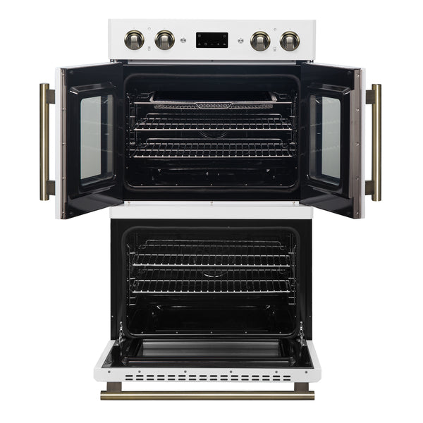 FORNO Asti 30" 7.36 cu. ft. French Door Double Electric Wall Oven with Air Fry, Self-Clean and Sous Vide in White with Antique Brass Accents- FBOEL1340-30WHT