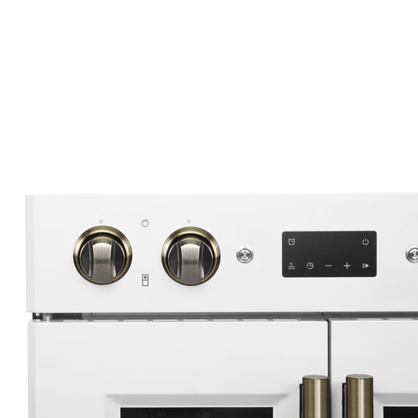 FORNO Asti 30" 7.36 cu. ft. French Door Double Electric Wall Oven with Air Fry, Self-Clean and Sous Vide in White with Antique Brass Accents- FBOEL1340-30WHT
