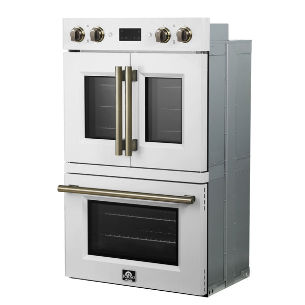 FORNO Asti 30" 7.36 cu. ft. French Door Double Electric Wall Oven with Air Fry, Self-Clean and Sous Vide in White with Antique Brass Accents- FBOEL1340-30WHT
