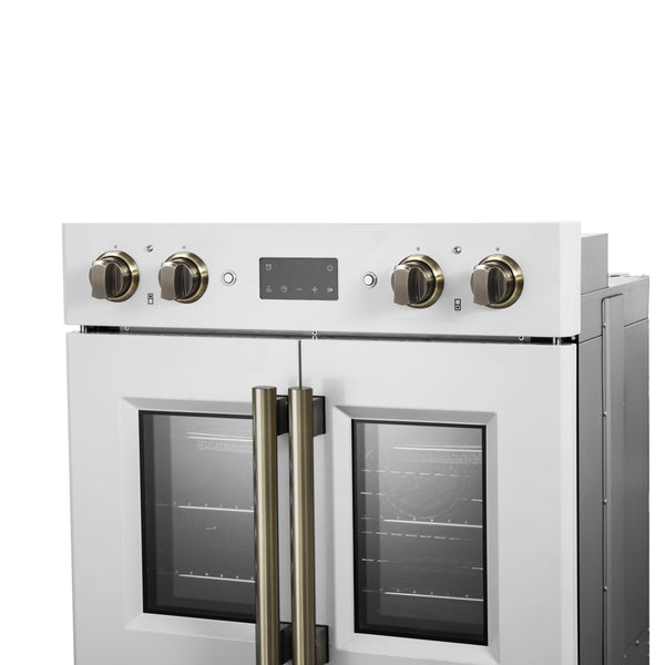 FORNO Asti 30" 7.36 cu. ft. French Door Double Electric Wall Oven with Air Fry, Self-Clean and Sous Vide in White with Antique Brass Accents- FBOEL1340-30WHT
