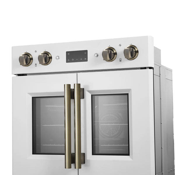 FORNO Asti 30" 7.36 cu. ft. French Door Double Electric Wall Oven with Air Fry, Self-Clean and Sous Vide in White with Antique Brass Accents- FBOEL1340-30WHT
