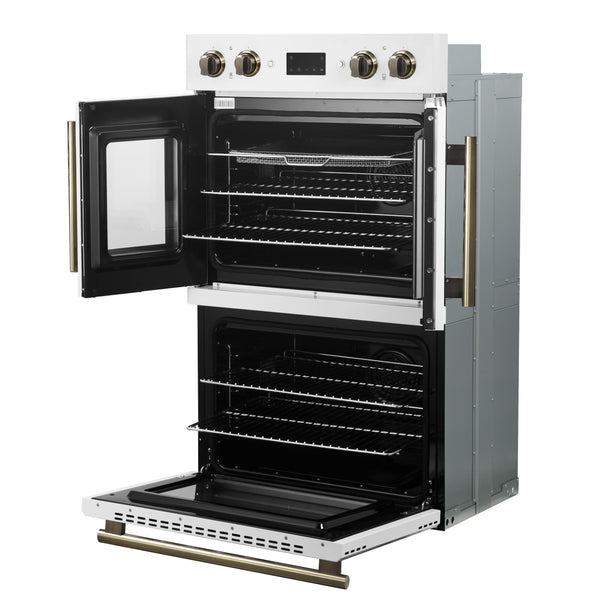 FORNO Asti 30" 7.36 cu. ft. French Door Double Electric Wall Oven with Air Fry, Self-Clean and Sous Vide in White with Antique Brass Accents- FBOEL1340-30WHT