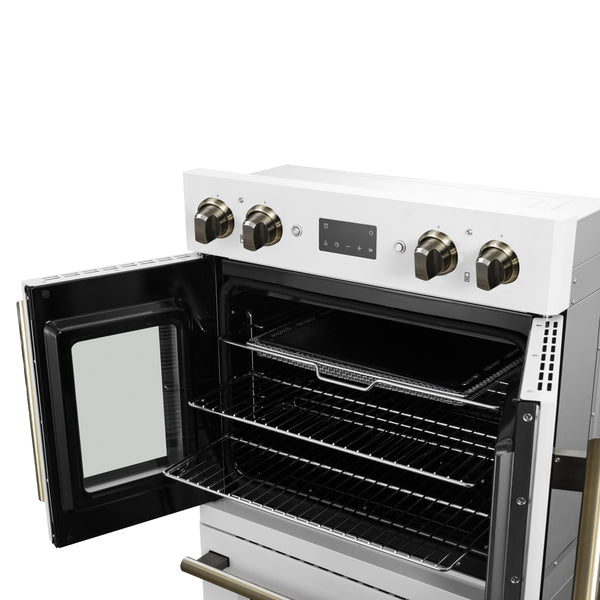 FORNO Asti 30" 7.36 cu. ft. French Door Double Electric Wall Oven with Air Fry, Self-Clean and Sous Vide in White with Antique Brass Accents- FBOEL1340-30WHT