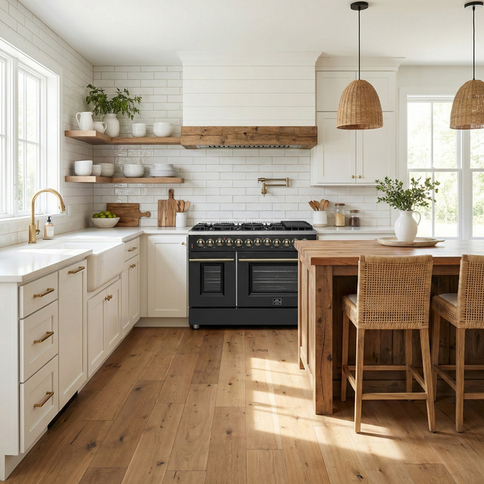 FORNO Galiano 48" 6.58 cu. ft. Dual Fuel Range with 8 Sealed Burners and Griddle in Black with Antique Brass Accents - FFSGS6156-48BLK