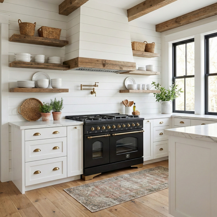 FORNO Antico 48" 5.5 cu. ft. Gas Range with 8 Sealed Burners and Griddle in Black with Antique Brass Accents- FFSGS6219-48BLK