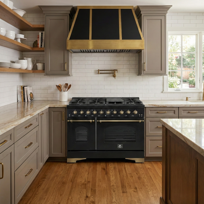 FORNO Antico 48" 5.5 cu. ft. Gas Range with 8 Sealed Burners and Griddle in Black with Antique Brass Accents- FFSGS6219-48BLK