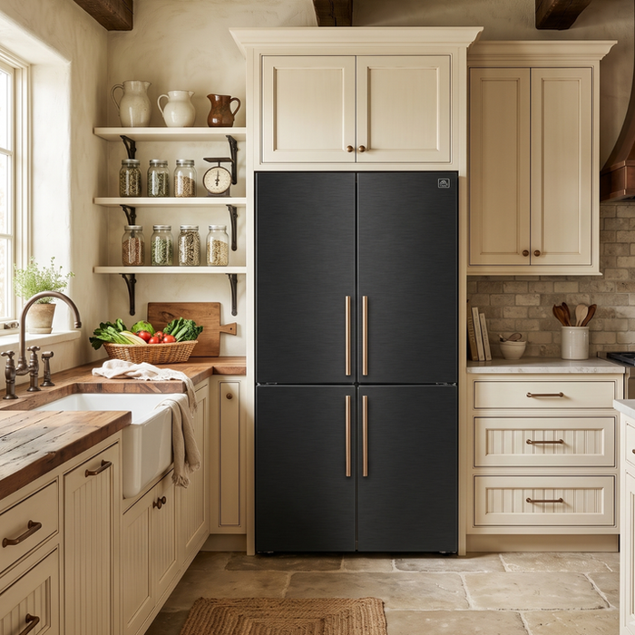 FORNO Custodia 46.8" 20.6 cu. ft. Refrigerator with Bottom Freezer and Ice Maker in Black with Antique Brass Accents - FFFFD1766-48BLK