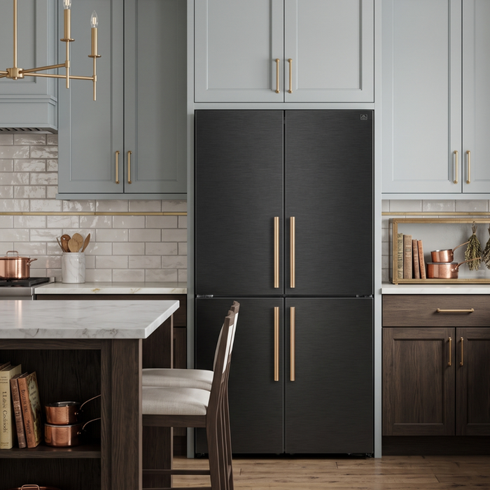FORNO Custodia 46.8" 20.6 cu. ft. Refrigerator with Bottom Freezer and Ice Maker in Black with Antique Brass Accents - FFFFD1766-48BLK