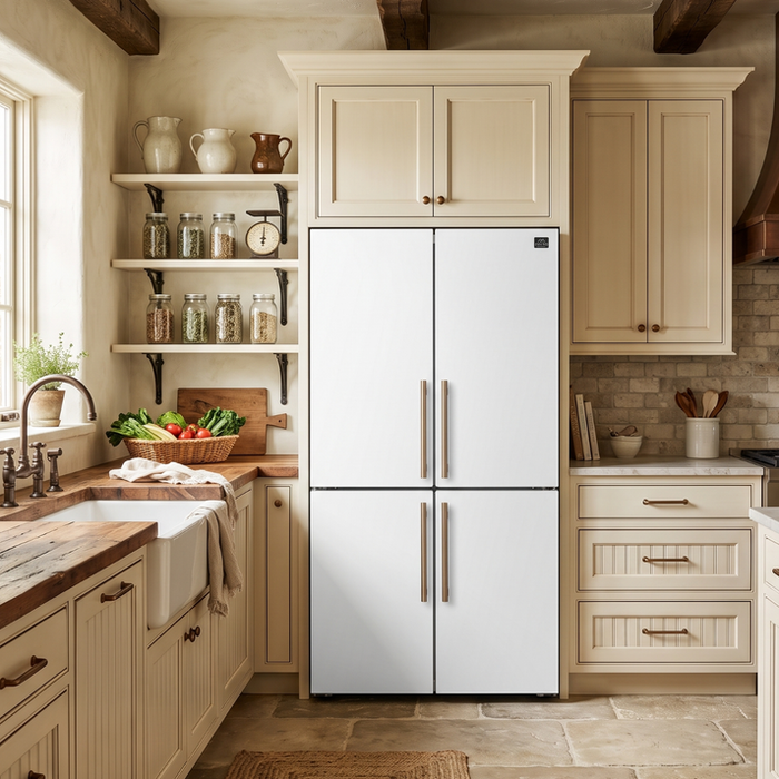 FORNO Custodia 46.8" 20.6 cu. ft. Refrigerator with Bottom Freezer and Ice Maker in White with Antique Brass Accents - FFFFD1766-48WHT