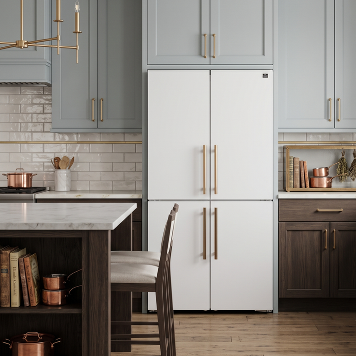 FORNO Custodia 46.8" 20.6 cu. ft. Refrigerator with Bottom Freezer and Ice Maker in White with Antique Brass Accents - FFFFD1766-48WHT