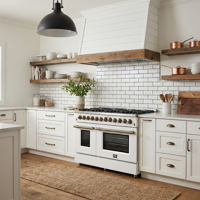 FORNO Galiano 48" 6.58 cu. ft. Dual Fuel Range with 8 Sealed Burners and Griddle in White with Antique Brass Accents - FFSGS6156-48WHT