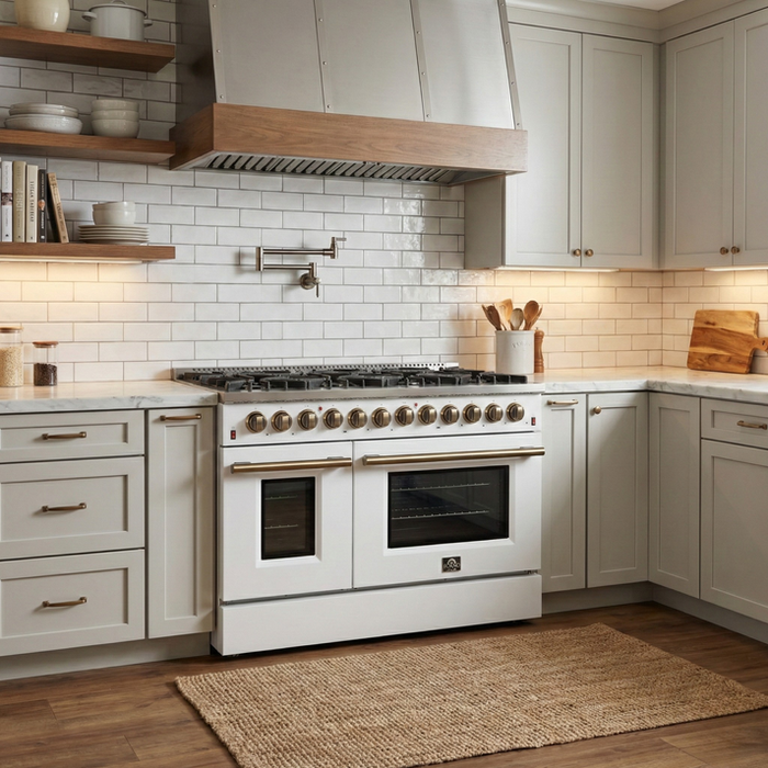 FORNO Galiano 48" 6.58 cu. ft. Dual Fuel Range with 8 Sealed Burners and Griddle in White with Antique Brass Accents - FFSGS6156-48WHT