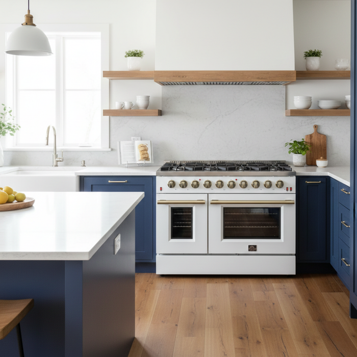 FORNO Galiano 48" 6.58 cu. ft. Gas Range with 8 Sealed Burners and Griddle in White with Antique Brass Accents, FFSGS6244-48WHT
