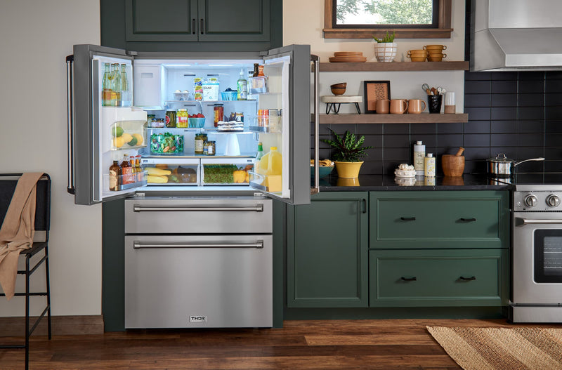 Thor Kitchen 36 in. Professional Counter Depth French Door Freestanding Refrigerator w/ Ice & Water Dispenser- Stainless Steel, TRF3601FD